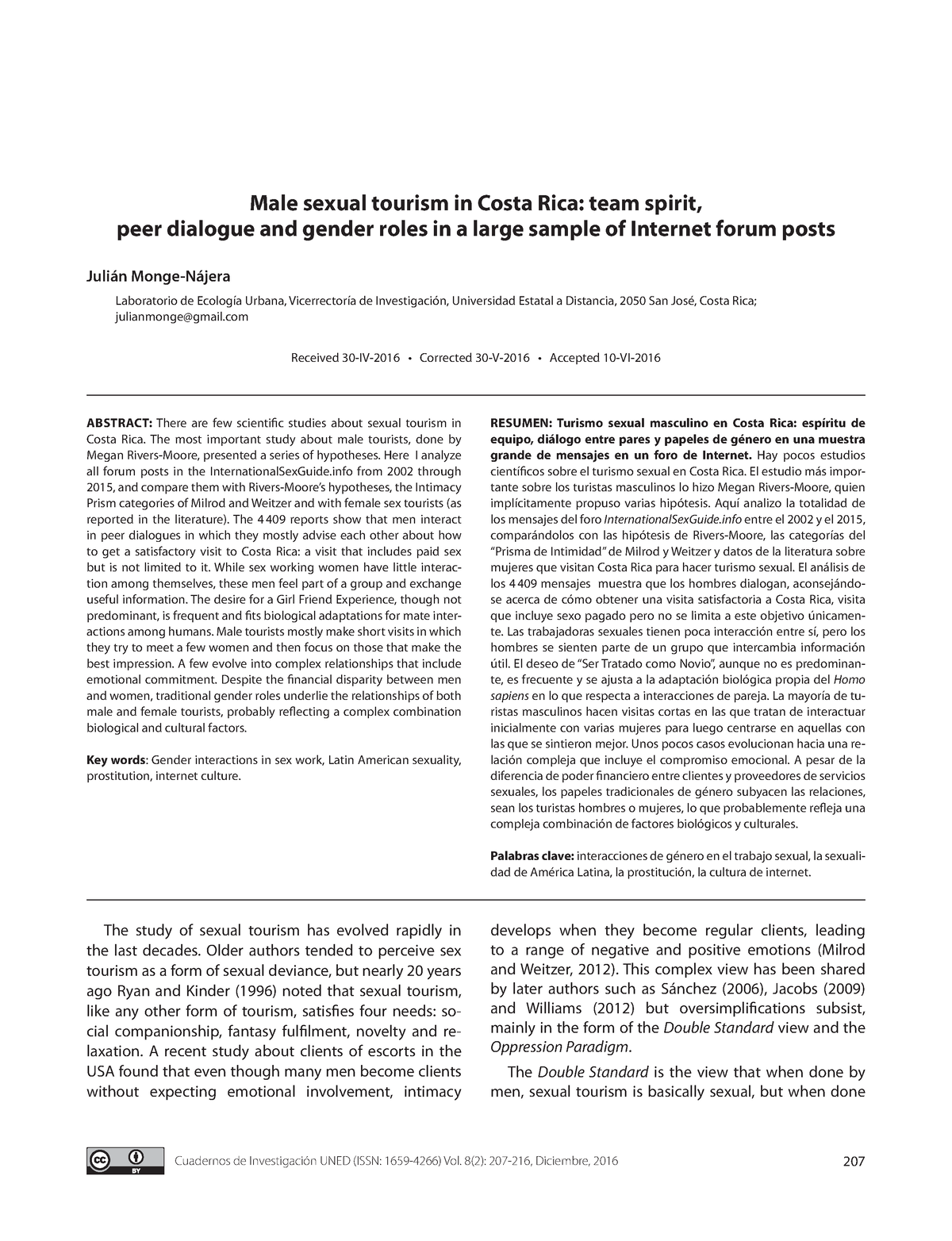 Monge, J. 2016 Male sexual tourism in Costa Rica - Cuadernos de  Investigación UNED (ISSN: 1659-4266) - Studocu