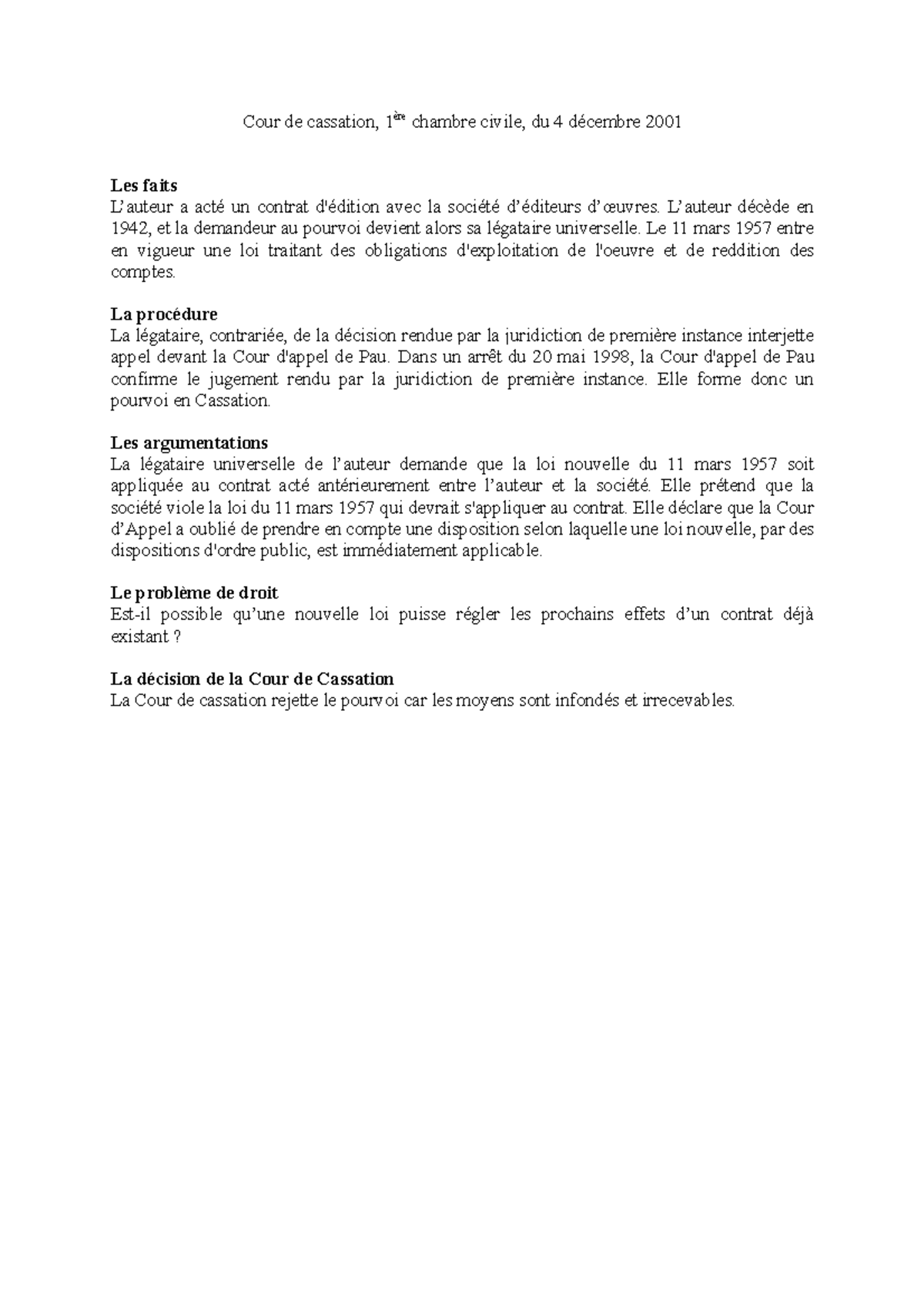 Fiche D'arrêt - Cour De Cassation, 1ère Chambre Civile, Du 4 Décembre ...