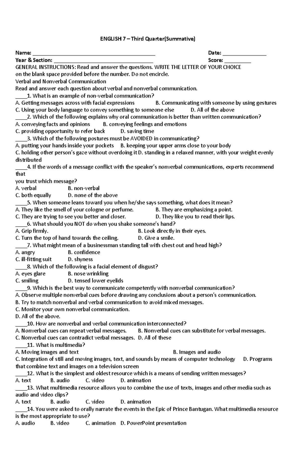 English 7 3rd quarter summative - ENGLISH 7 – Third Quarter(Summative ...