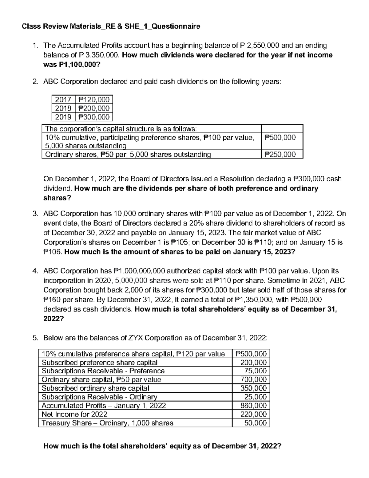 Class Review Materials RE & SHE 1 Questionnaire - Class Review ...
