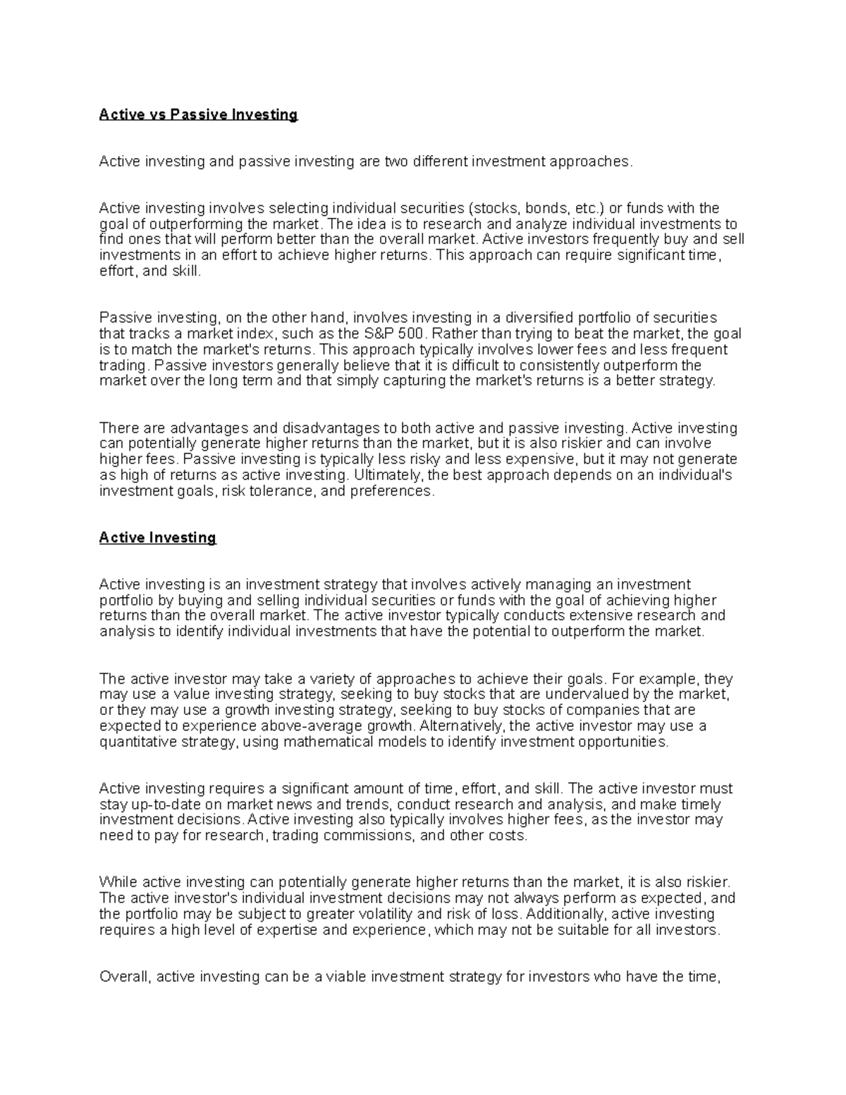 Active vs Passive Investing Active vs Passive Investing Active