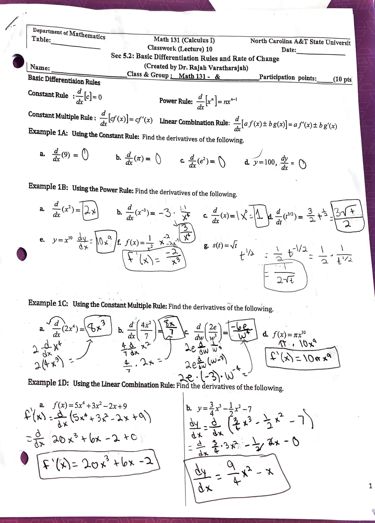 5.2 Basic Differentiation Rules and Rate of Change - • Department of ...