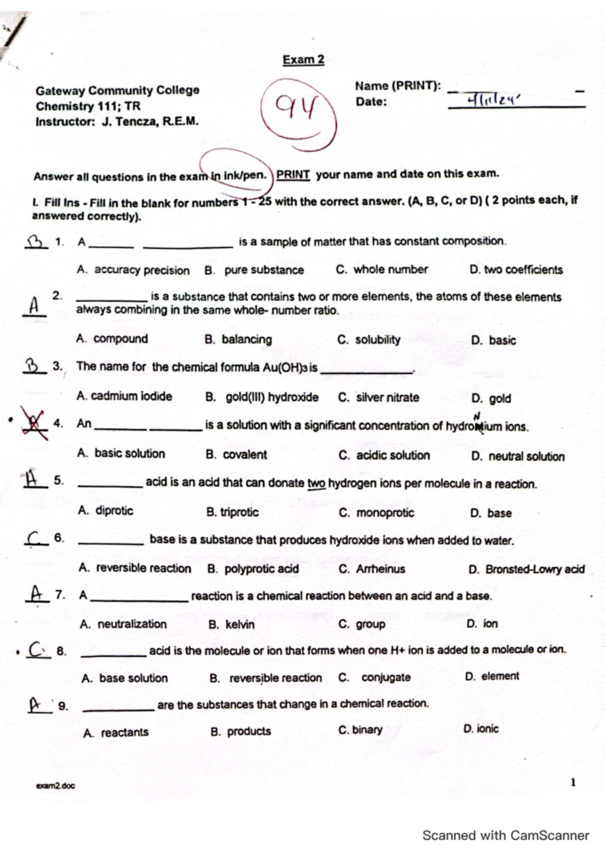 Exam 2 - CHE 111 - Exam 2 Gateway Community College Name (PRINT ...