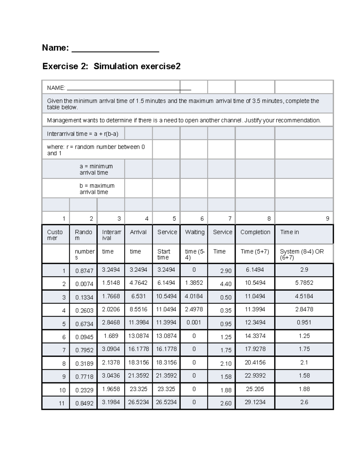 EXER 2 Simulation - QUEING THEORY - Name: __________________ Exercise 2 ...