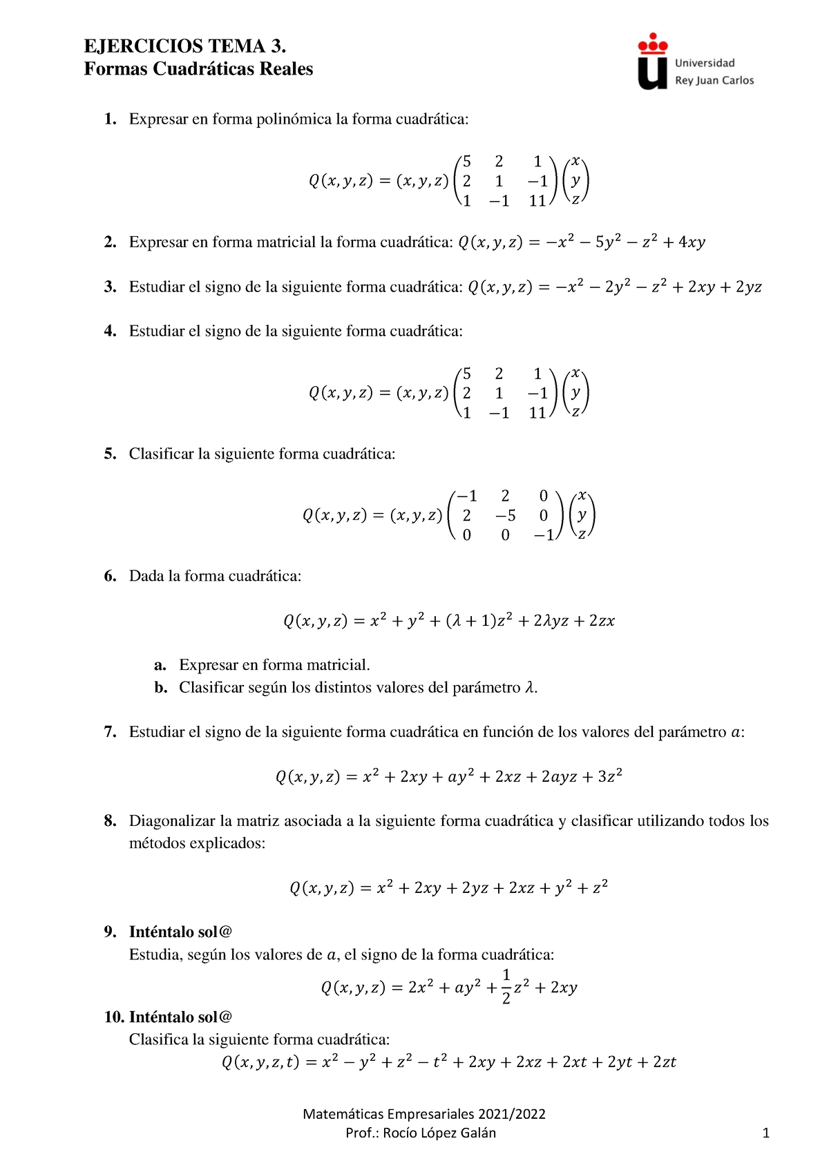 ME(F) Ejercicios TEMA 3 - Matemáticas Empresariales 2021/ Prof.: Rocío ...