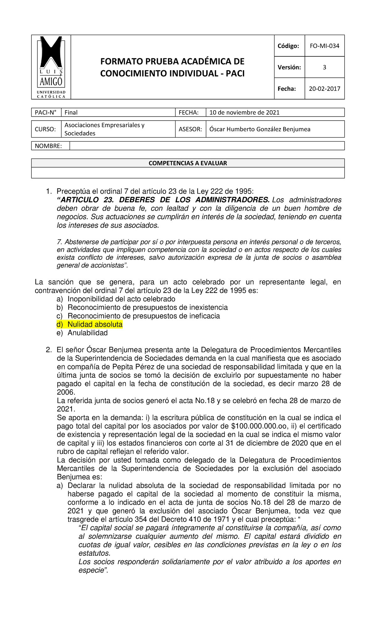 Final Asociaciones Empresariales 20212 Respuestas Formato Prueba Acad Final Asociaciones Empresariales 20212 Respuestas Formato Prueba Acad
