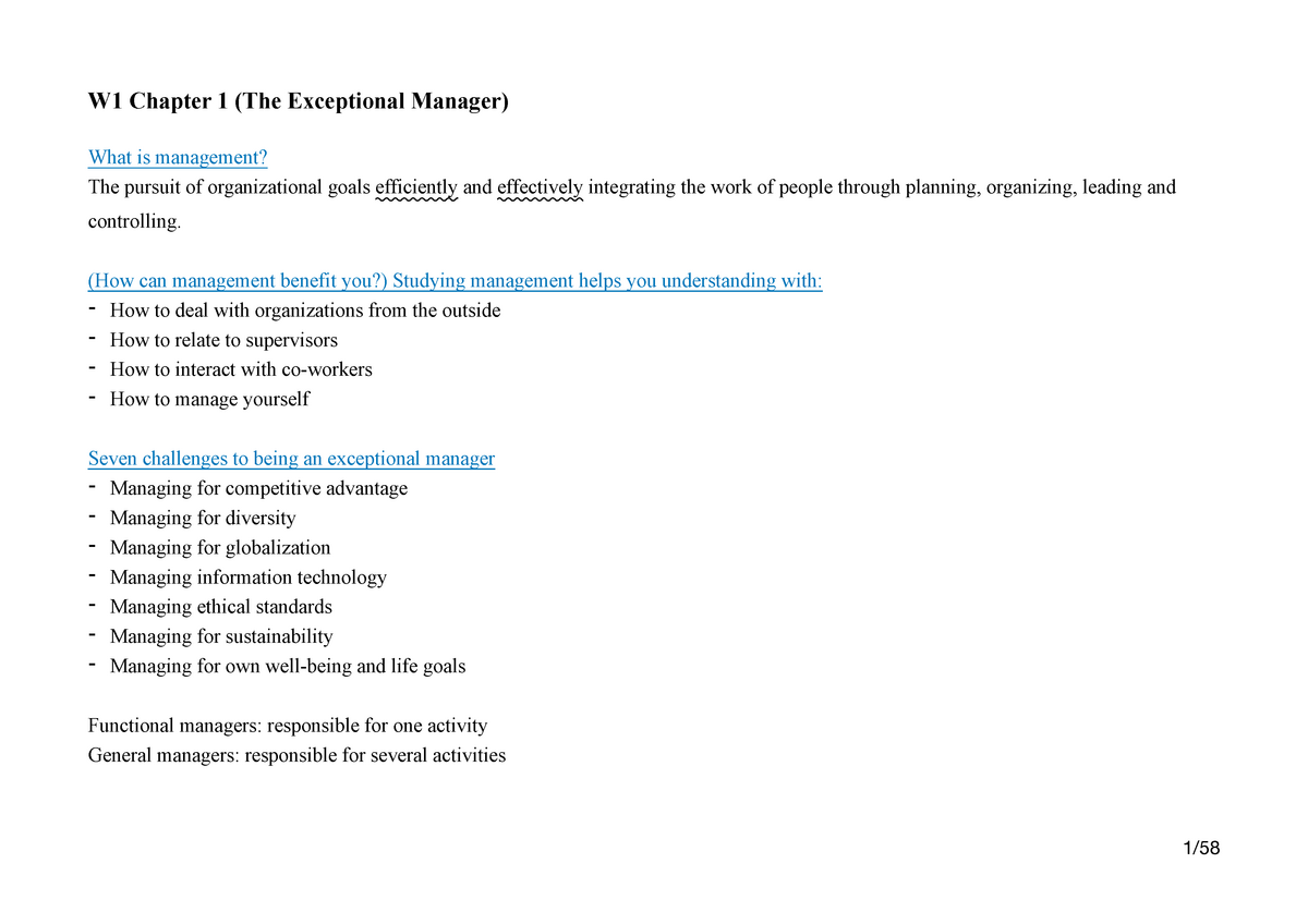 MGMT1001 Lecture Notes - W1 Chapter 1 (The Exceptional Manager) What Is ...