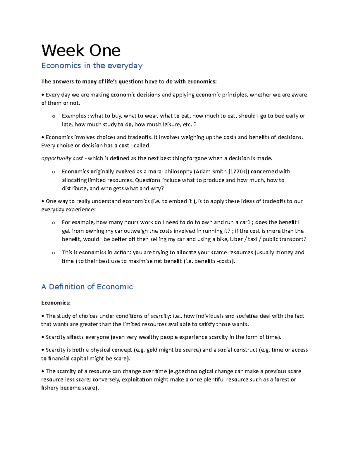 ECON1001 Notes Week One - Week One Economics in the everyday The ...