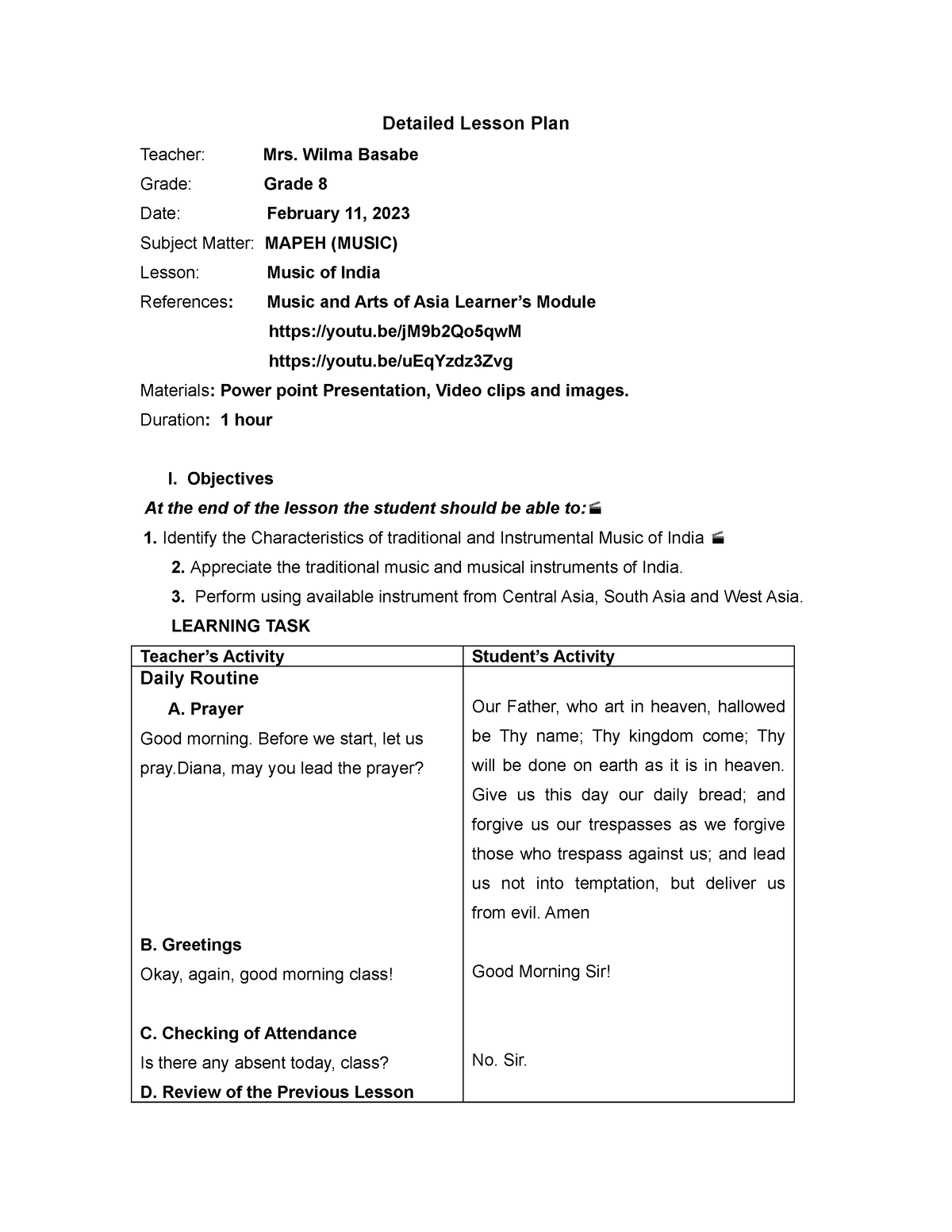 Detailed Lesson Plan- Indian Music - Detailed Lesson Plan Teacher: Mrs ...