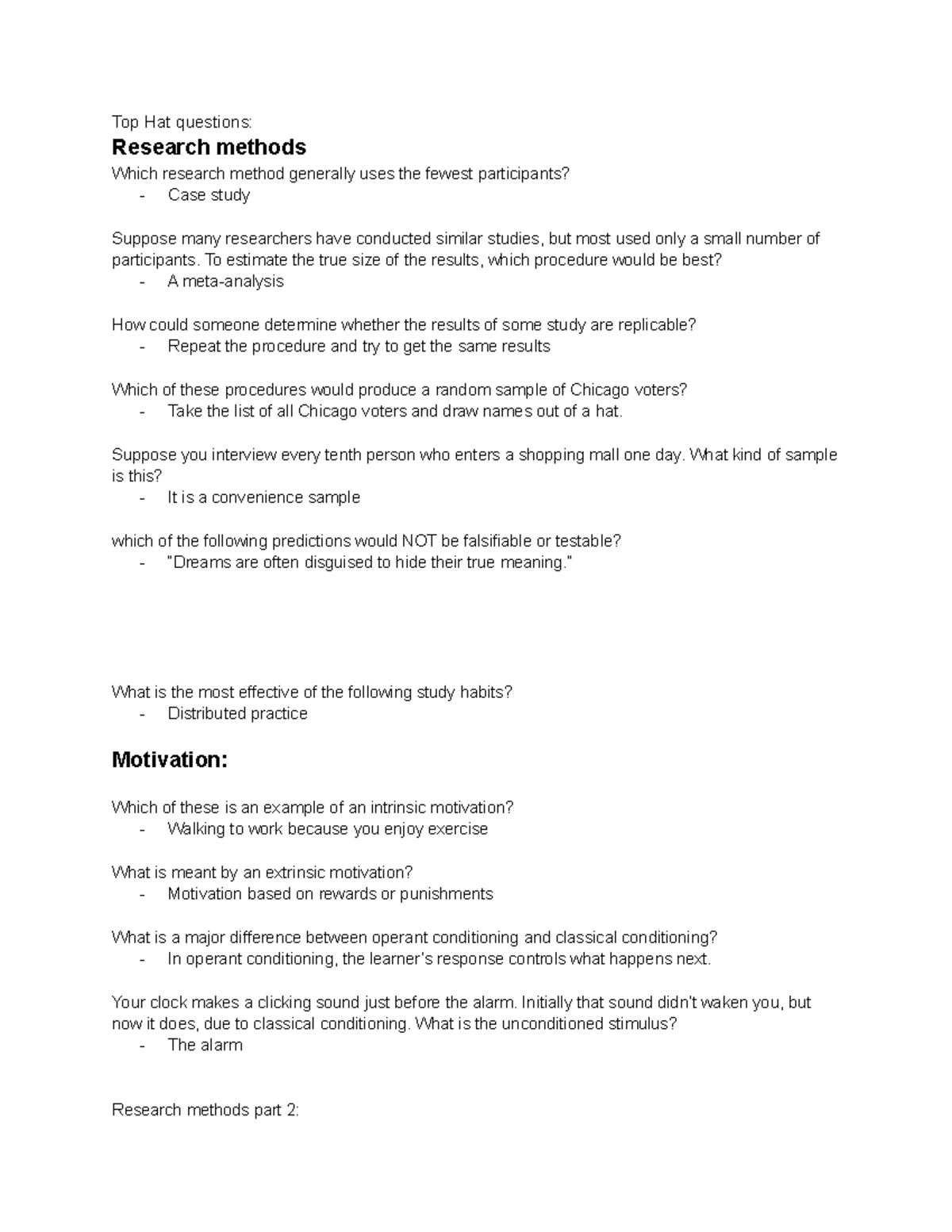 Top Hat questions Top Hat questions Research methods Which research