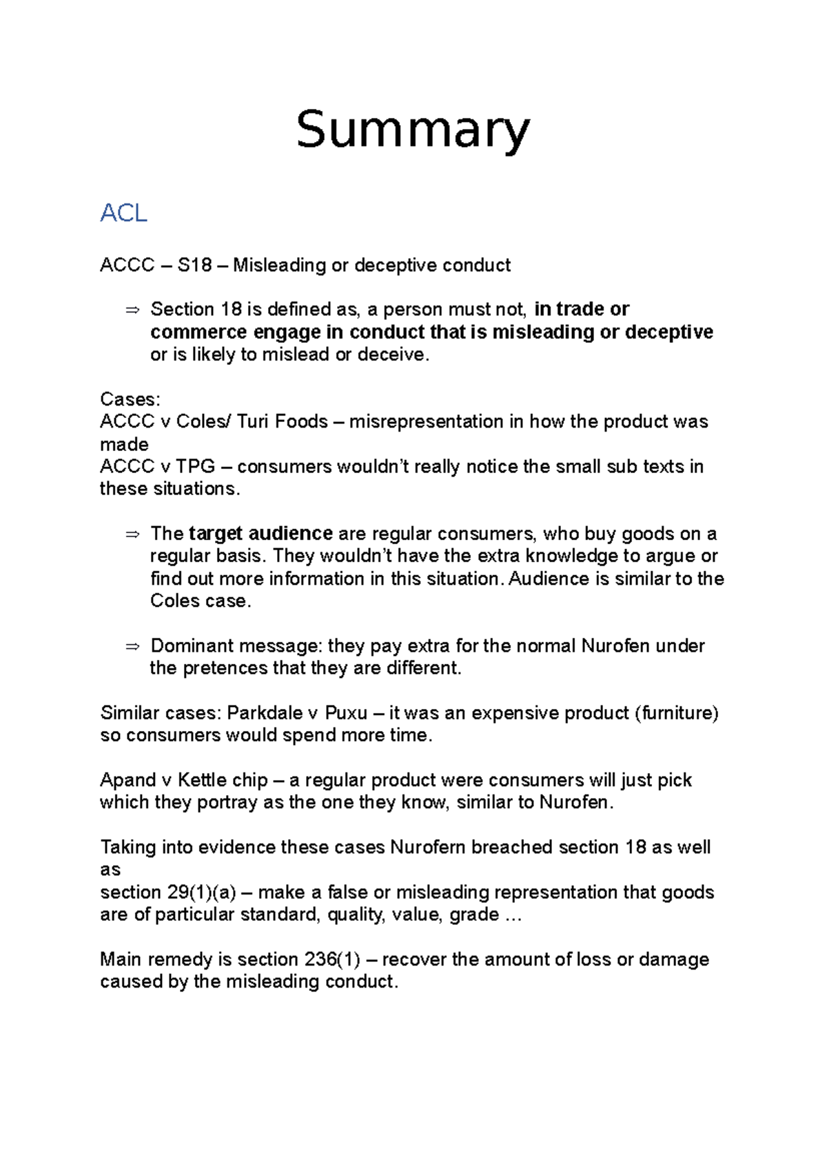 Summary Exam Content Summary ACL ACCC S18 Misleading or deceptive conduct Section 18 is Summary Exam Content Summary ACL ACCC S18 Misleading or deceptive conduct Section 18 is