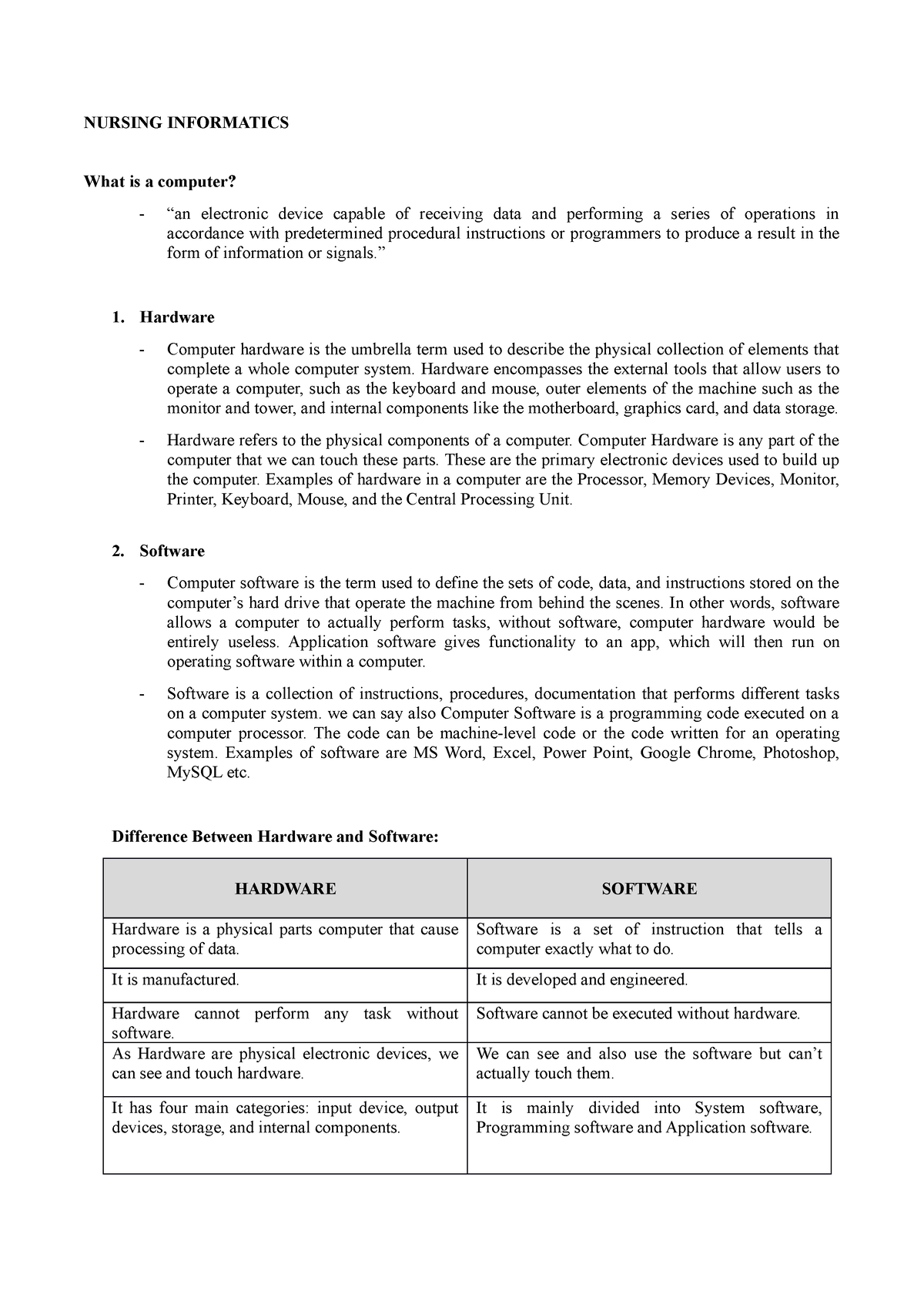 Computer HARD AND Software NURSING INFORMATICS What Is A Computer 