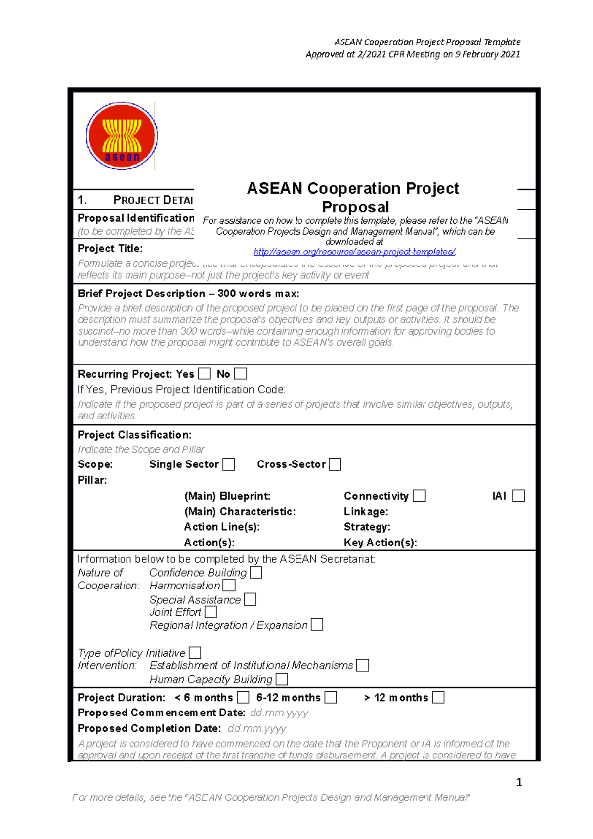 Asean Cooperation Project Proposal Template - Approved at 20/200201 With Regard To Project Management Proposal Template