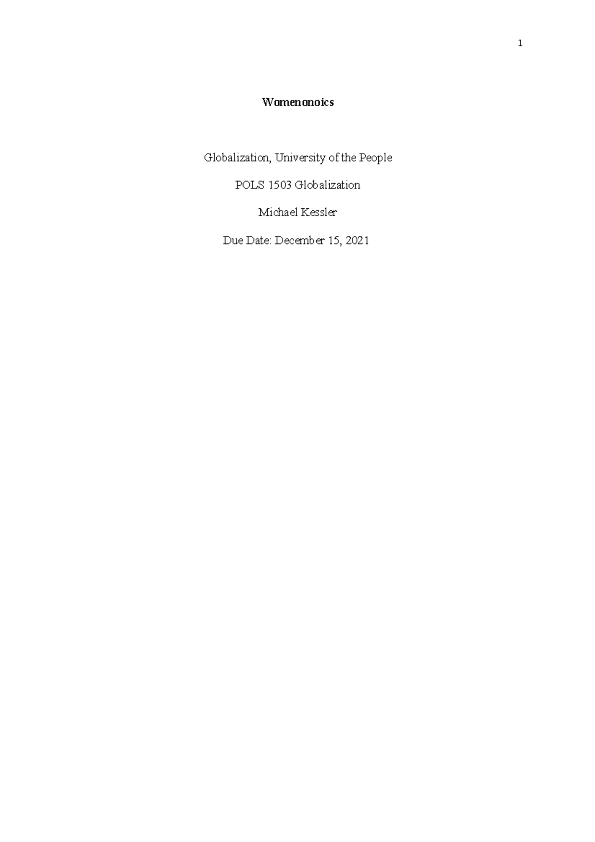 Written Assignment - Womenonoics Globalization, University of the ...