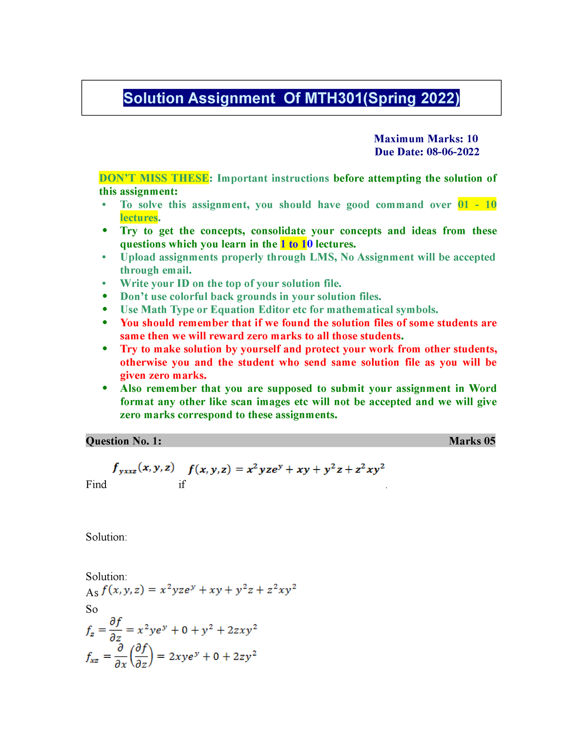 mth301 assignment 1 solution file 2022