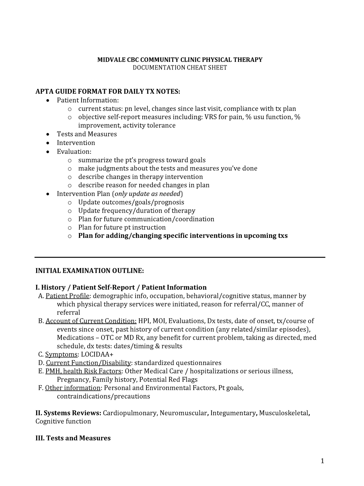 Documentation 20 Sheet - 1 MIDVALE CBC COMMUNITY CLINIC PHYSICAL ...