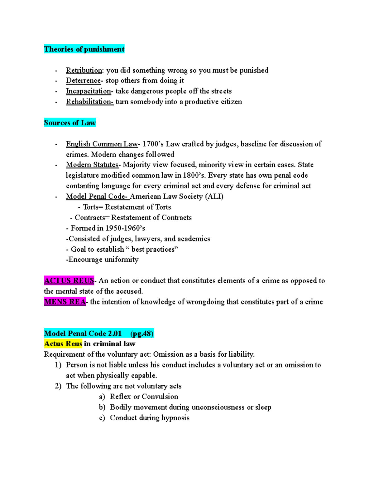 Criminal LAW Outline - Notes for midterm exam - Theories of punishment ...