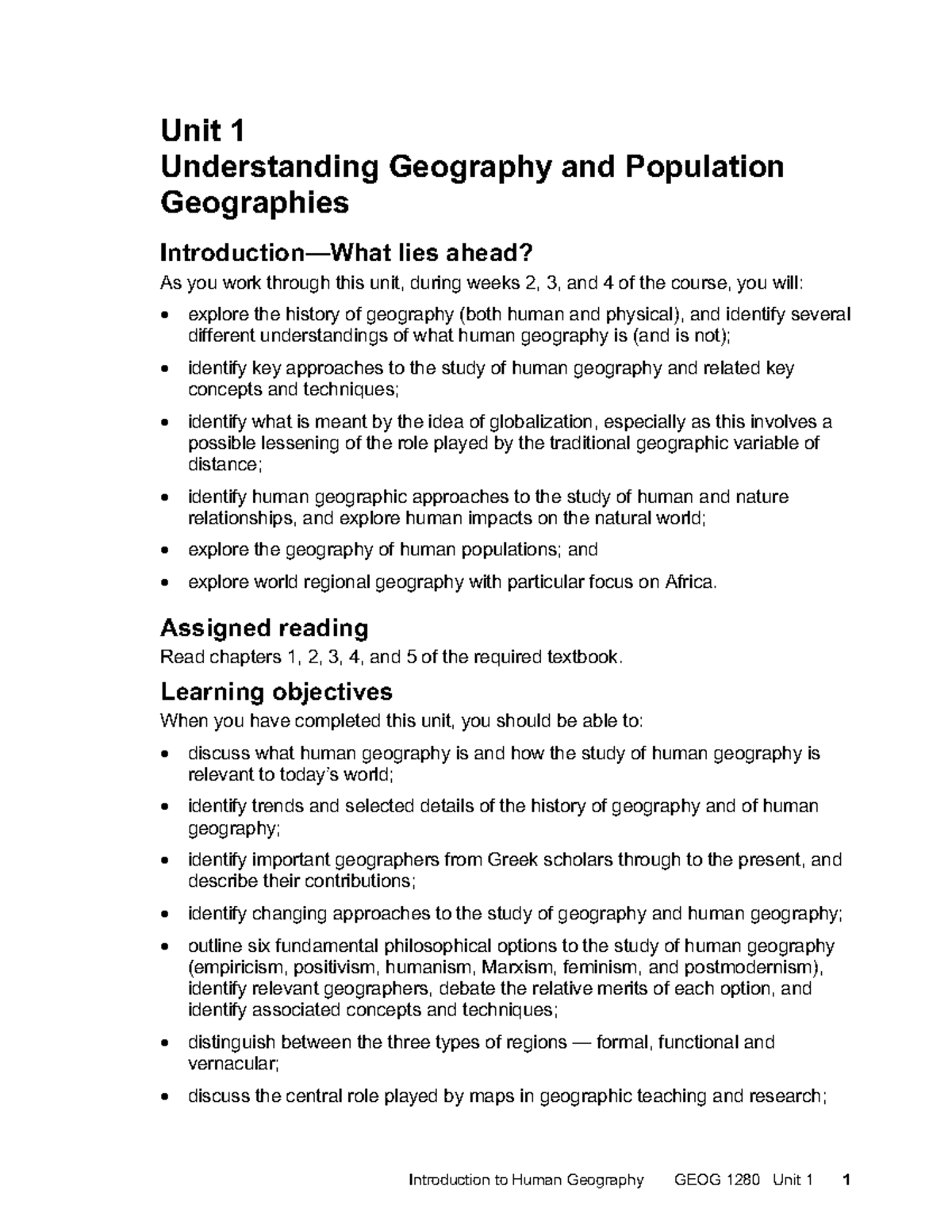 Unit 1 - Lecture Notes 1 - Introduction To Human Geography GEOG 1280 ...