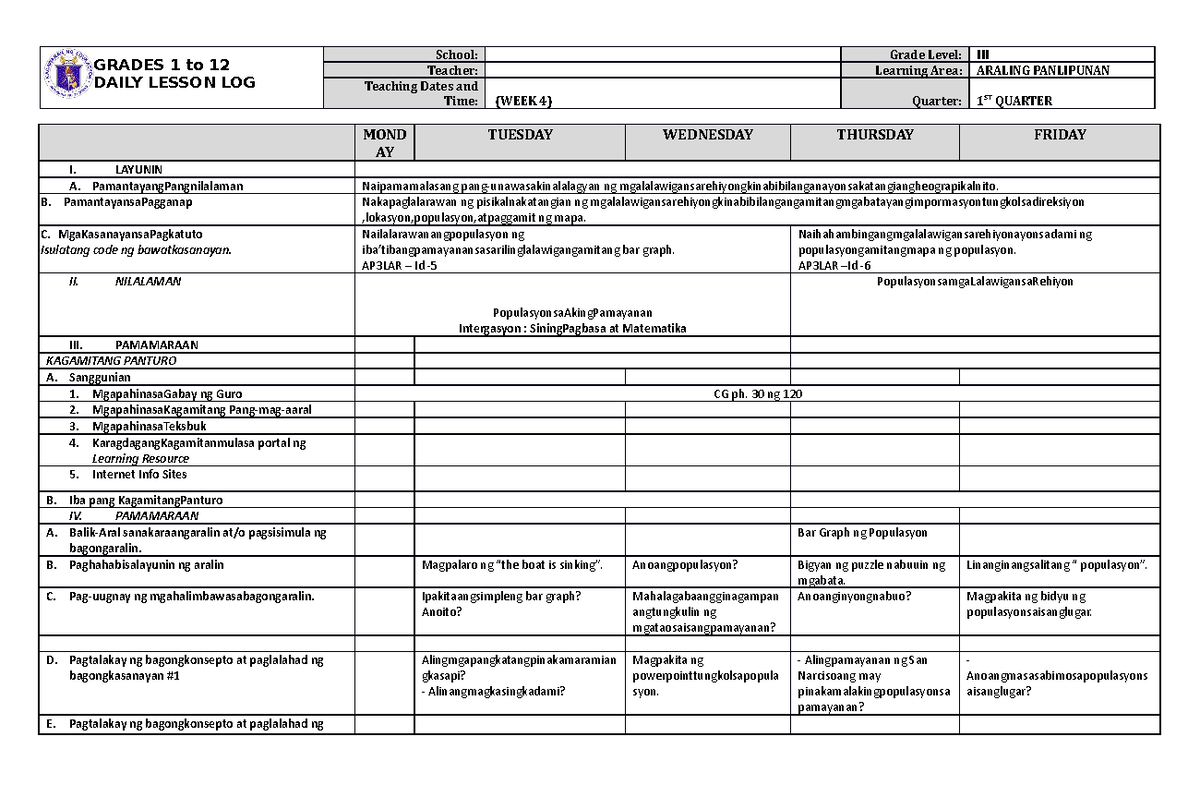 DLL Araling Panlipunan 3 Q1 W4 - GRADES 1 to 12 DAILY LESSON LOG School ...