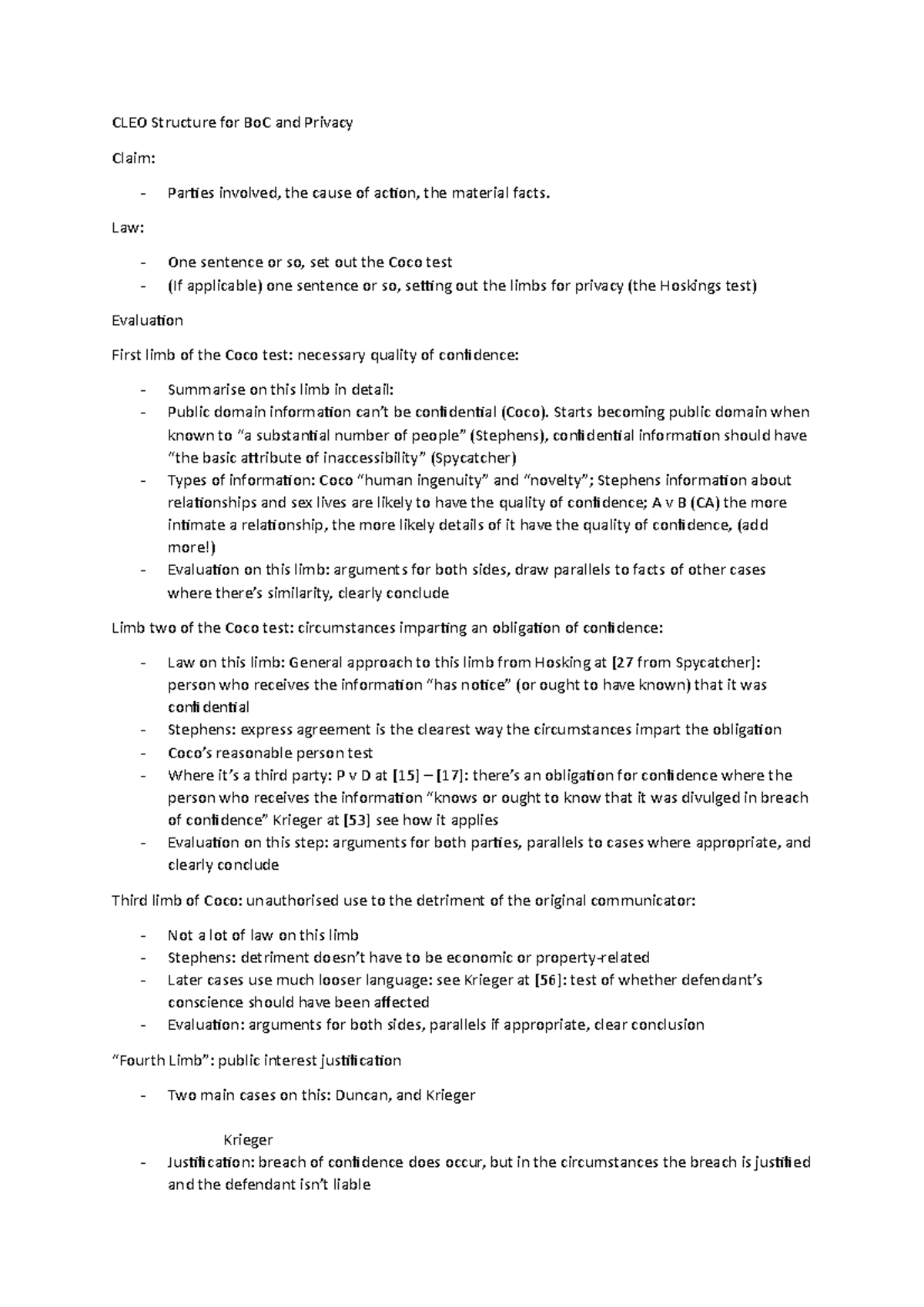 LAW 122 - Exam Template - CLEO Structure for BoC and Privacy Claim ...