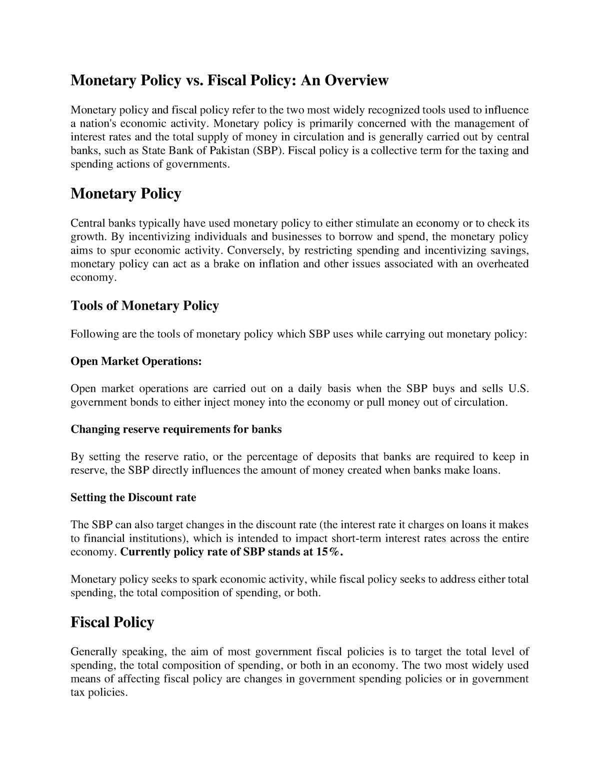 fiscal policy vs monetary policy essay