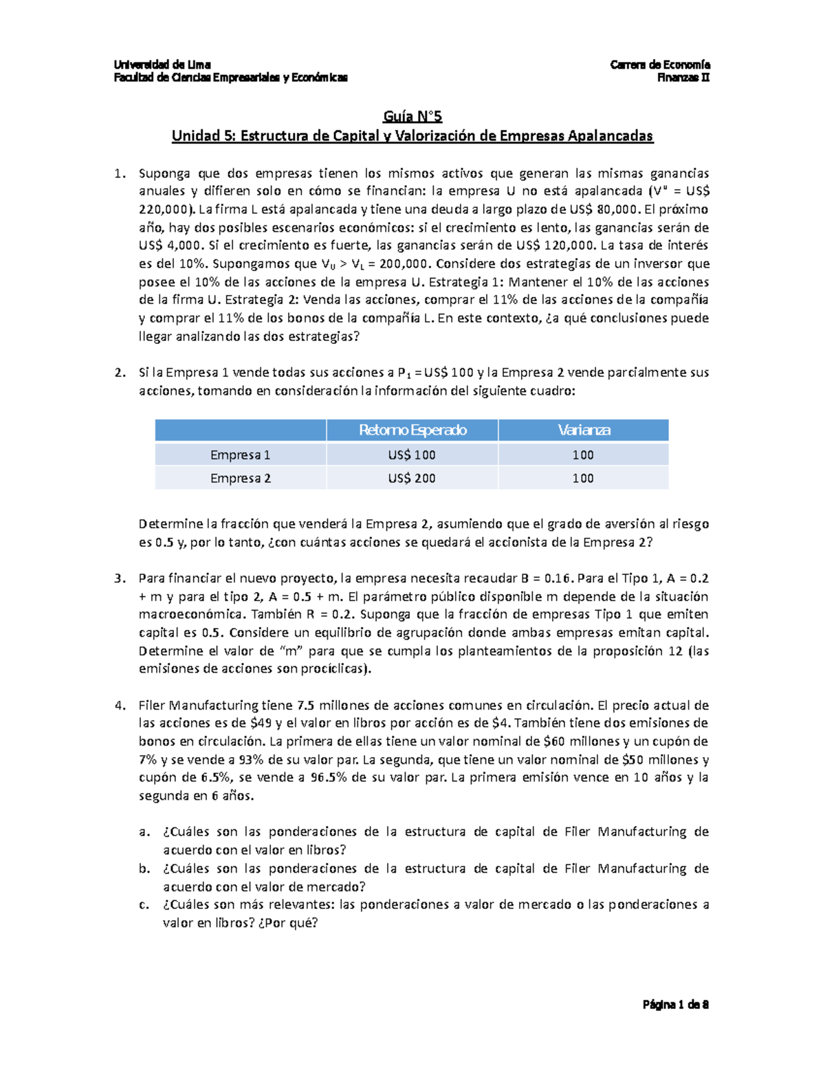 Guía 5 Unidad 5 Estructura de Capital y Valorización - Facultad de ...