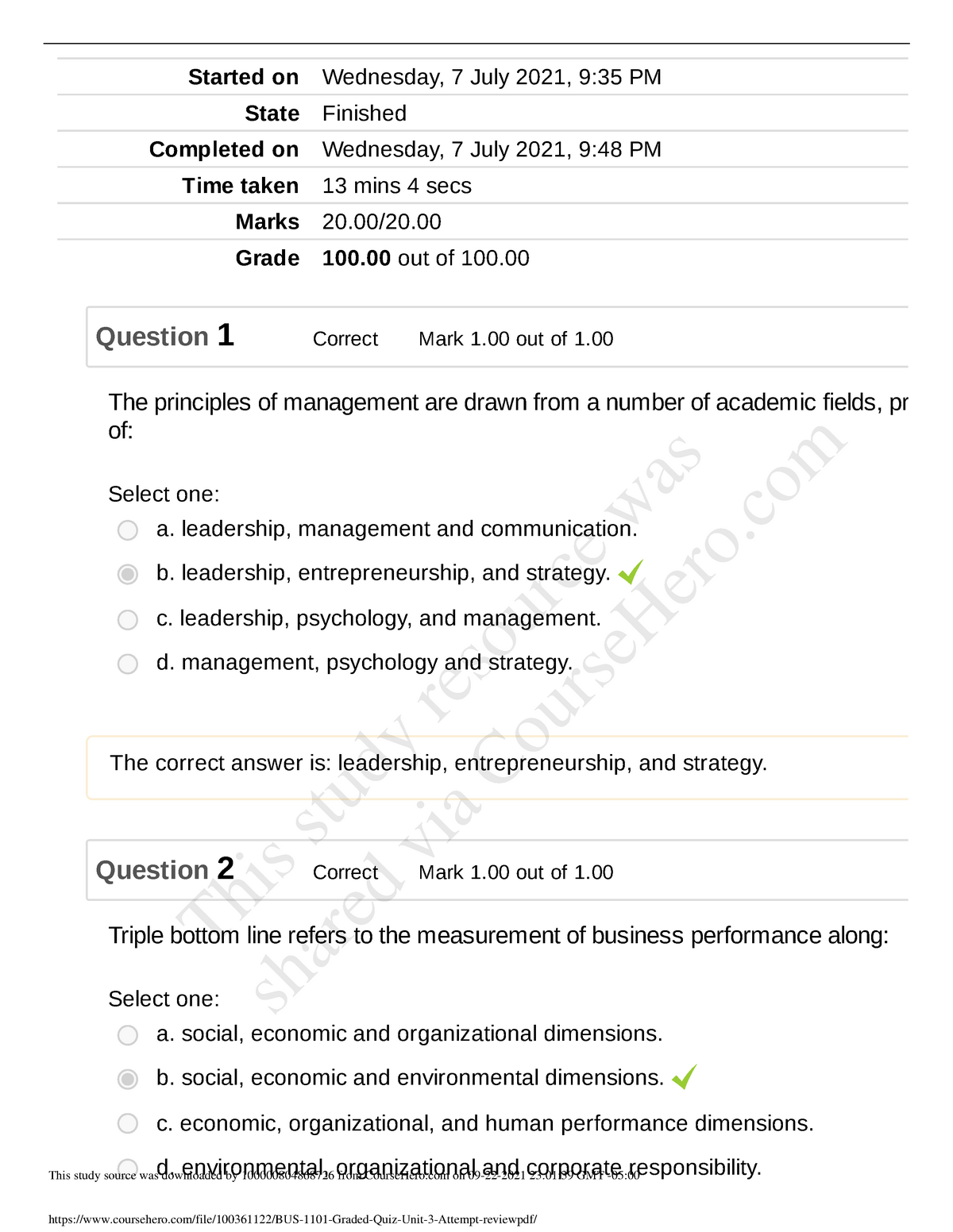 BUS 1101 Graded Quiz Unit 3 Attempt Review - BUS 1101 - UoPeople - Studocu