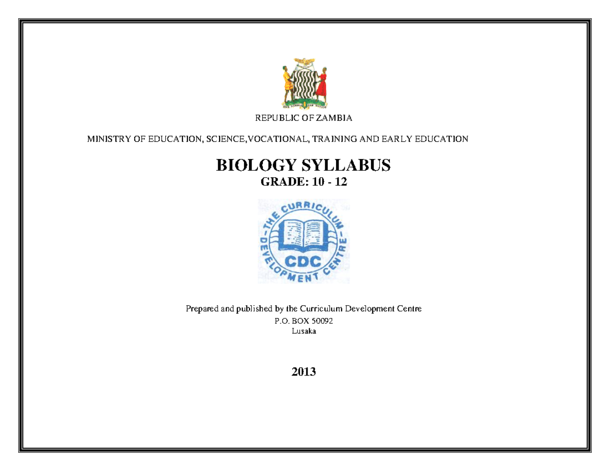 BiologyG1012 REPUBLIC OF ZAMBIA MINISTRY OF EDUCATION, SCIENCE