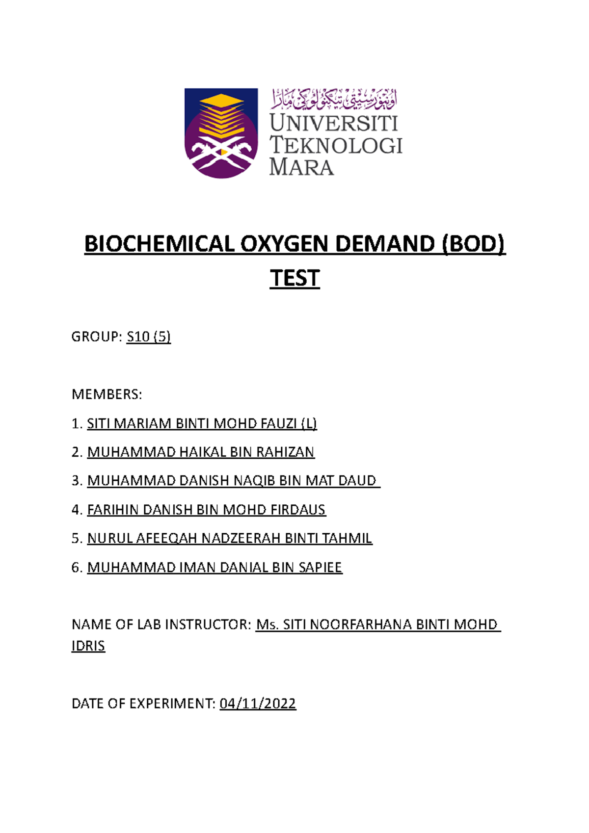 Biochemical Oxygen Demand - BIOCHEMICAL OXYGEN DEMAND (BOD) TEST GROUP ...