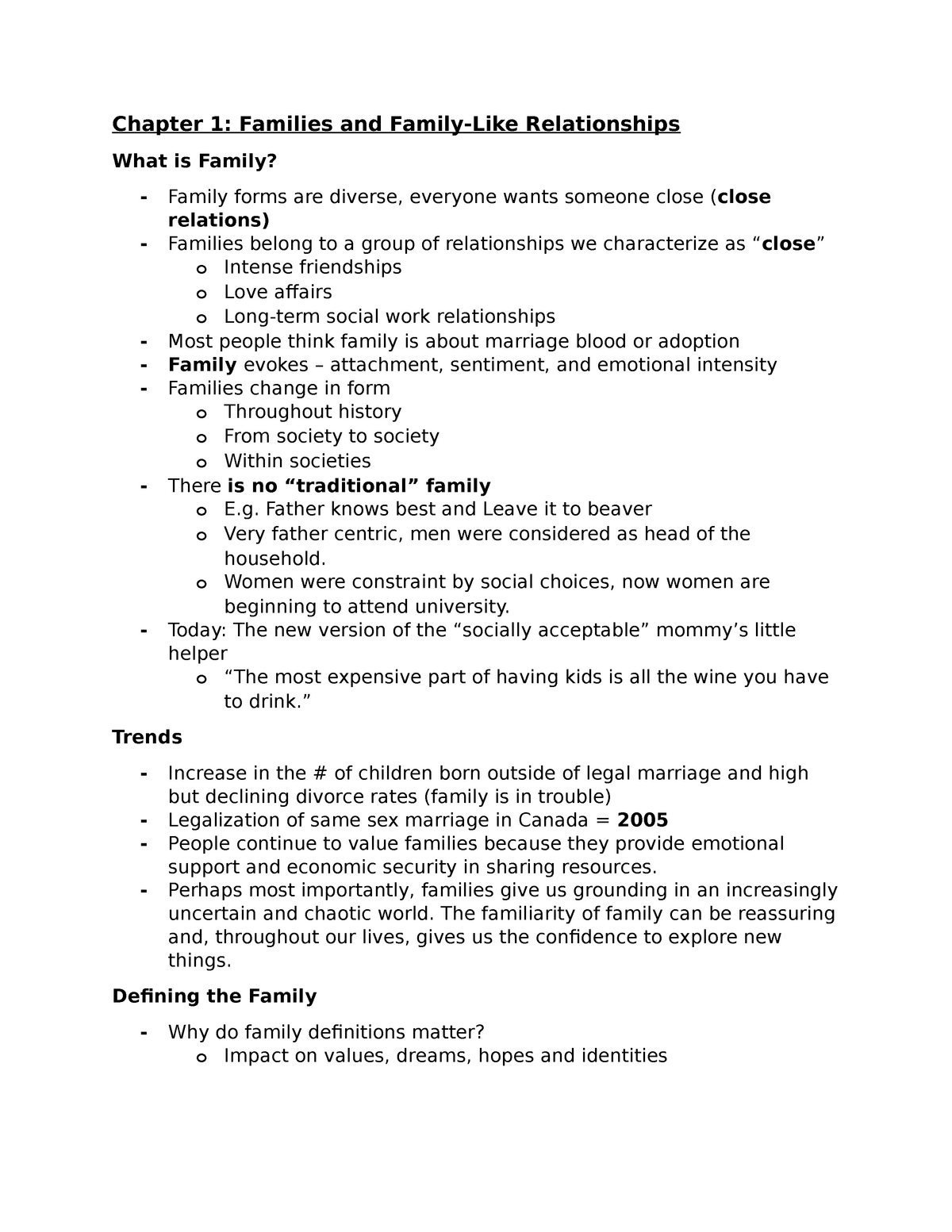 Chapter 1: Families and Family-Like Relationships - Notes - Chapter 1 ...