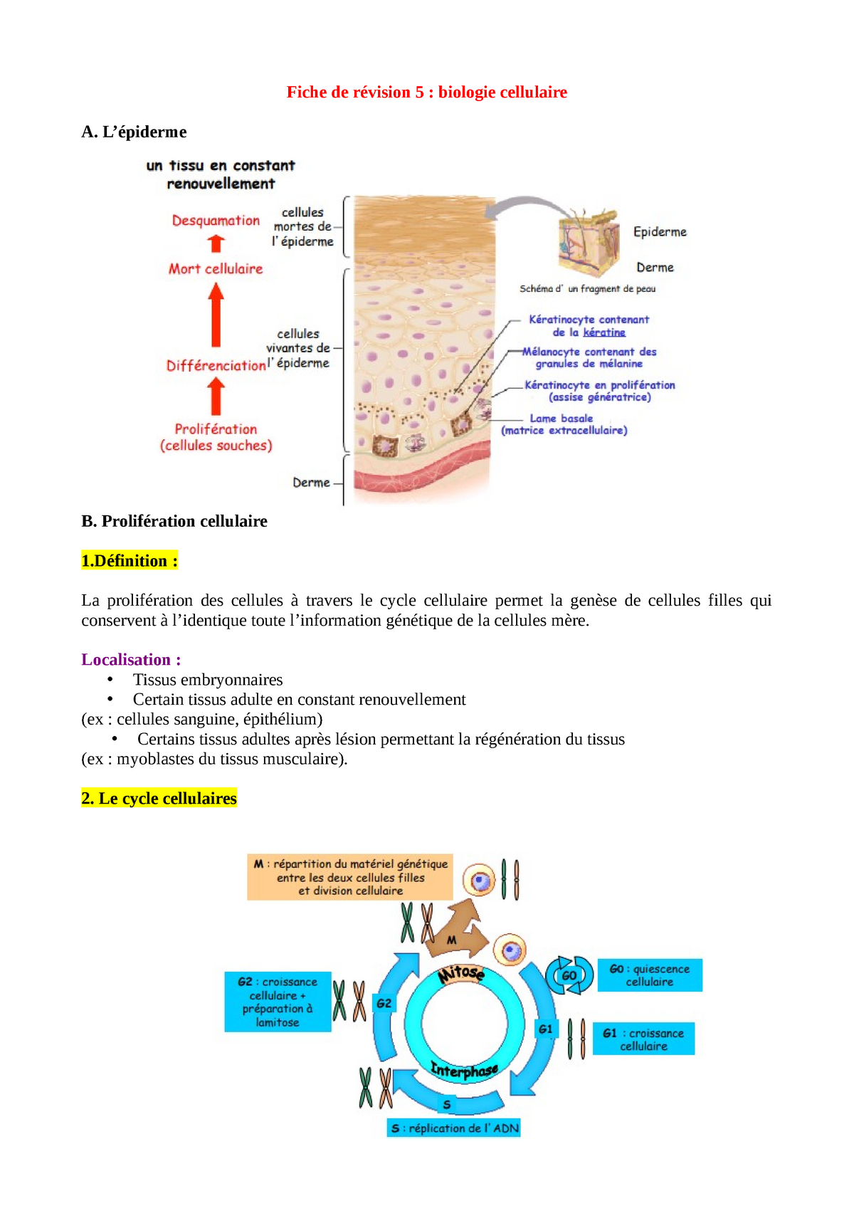 Fiche De Revision Biologie Fiche de révision 5 biologie cellulaire - UPS - Studocu