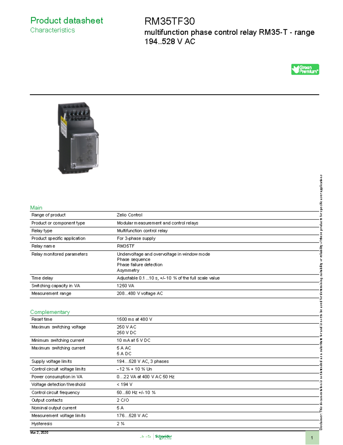 Zelio Control RM35TF30 Characteristics RM35TF multifunction phase control relay RM35T range
