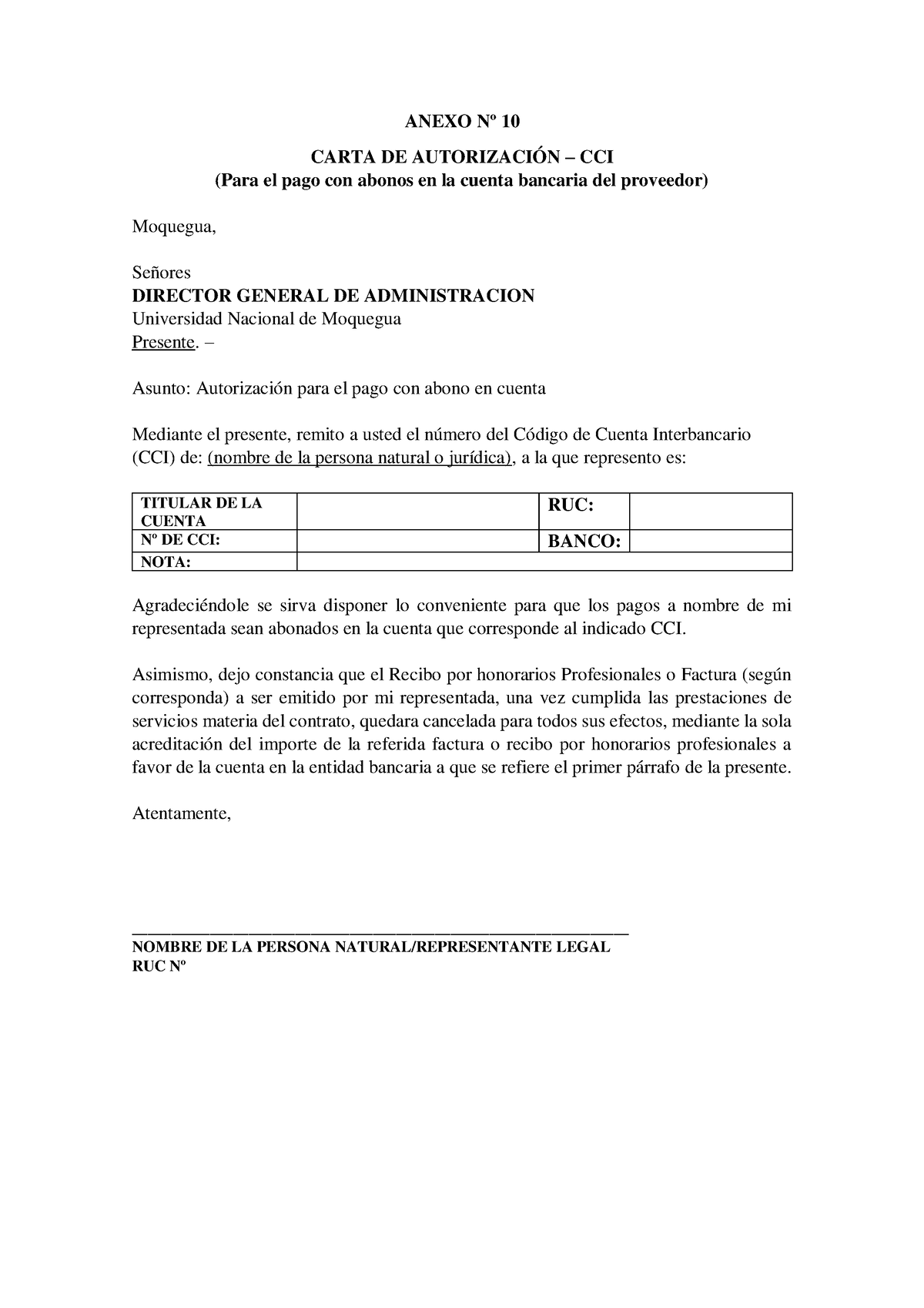 Modelo Carta Cci Awrgsthk Anexo Nº 10 Carta De AutorizaciÓn Cci Para El Pago Con Abonos 3280