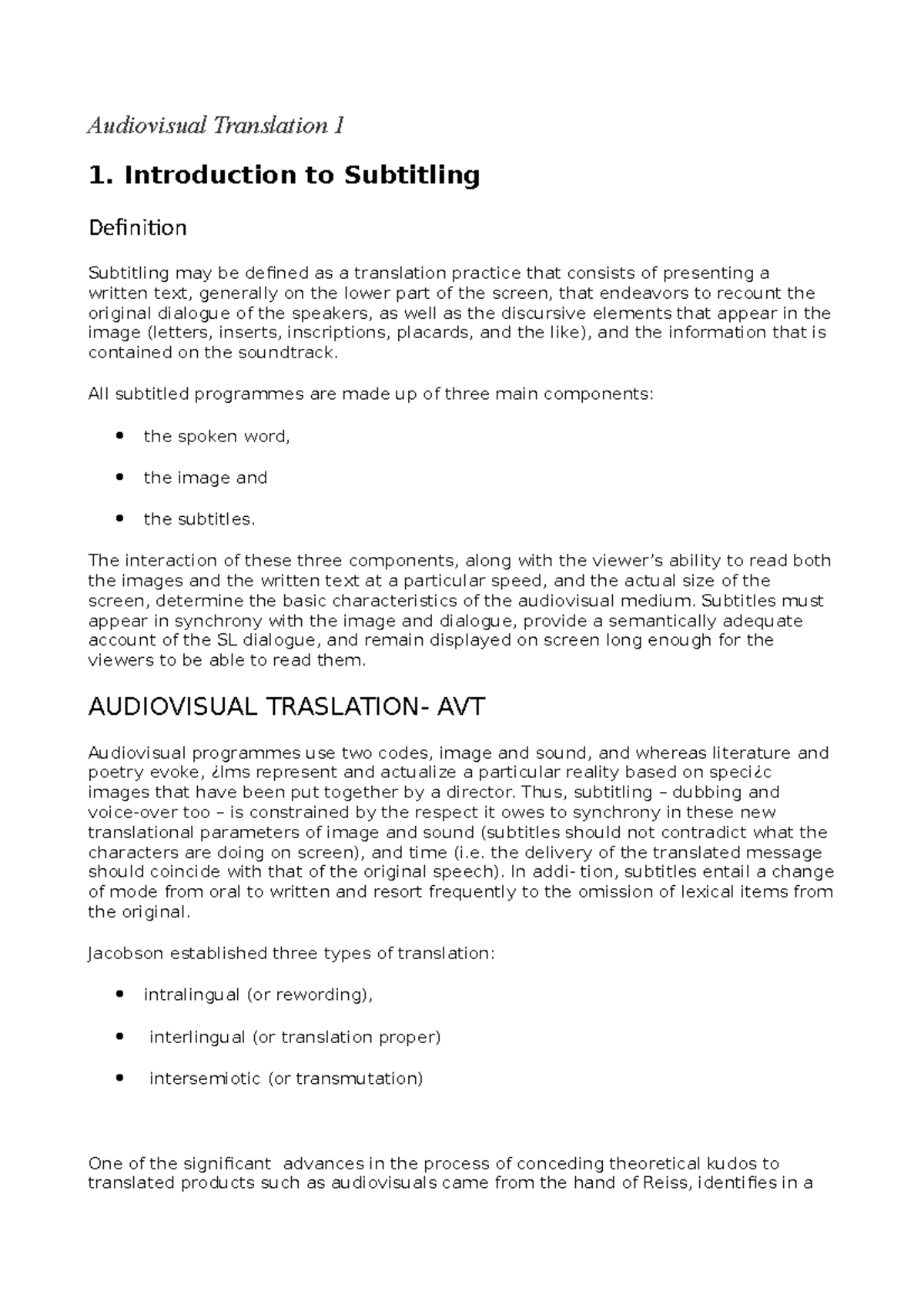 Audiovisual Translation Introduction to Subtitling Definition