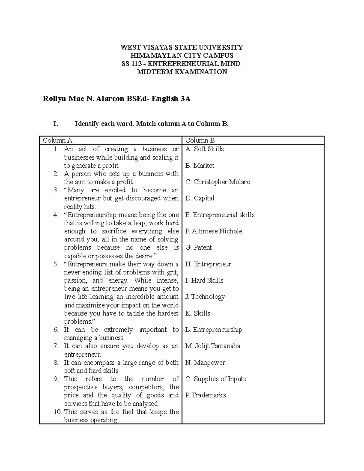 Entrepreneurial-MIND- Midterm-EXAM ( Alarcon) - WEST VISAYAS STATE ...