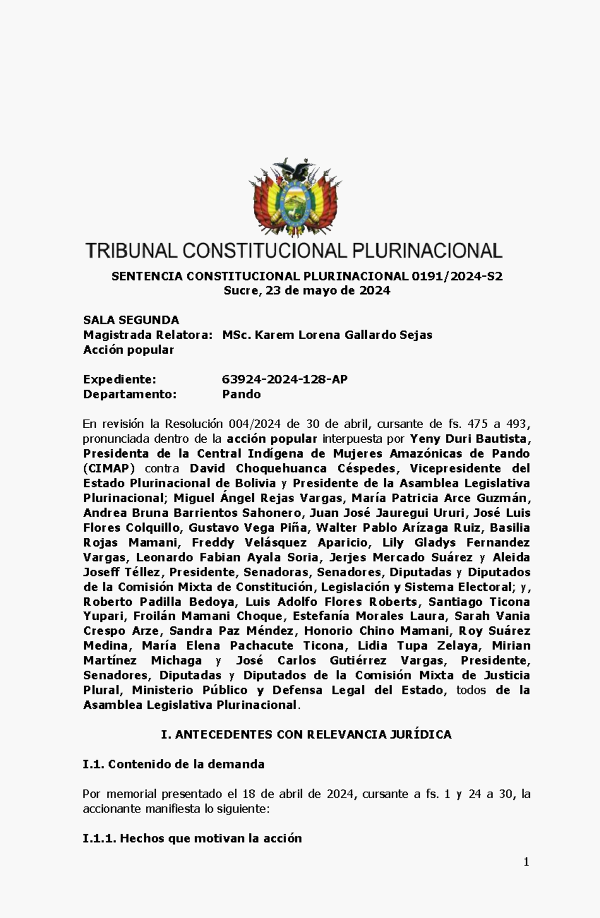 Sentencia 0191 2024-S2 - SENTENCIA CONSTITUCIONAL PLURINACIONAL 0191/