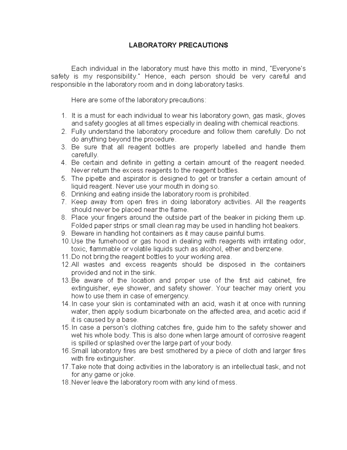 Lab precautions - chem prelims - LABORATORY PRECAUTIONS Each individual ...