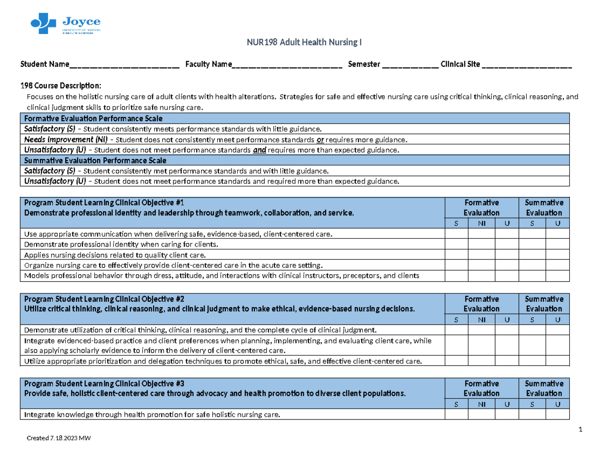 198Formative Summative Assessment Short Form 11-27-2023 - NUR198 Adult ...