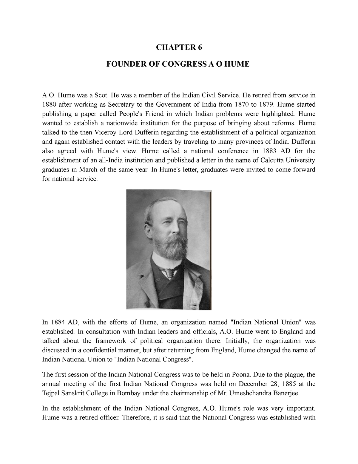 Chapter 6 Founder OF Congress A O HUME CHAPTER 6 FOUNDER OF CONGRESS