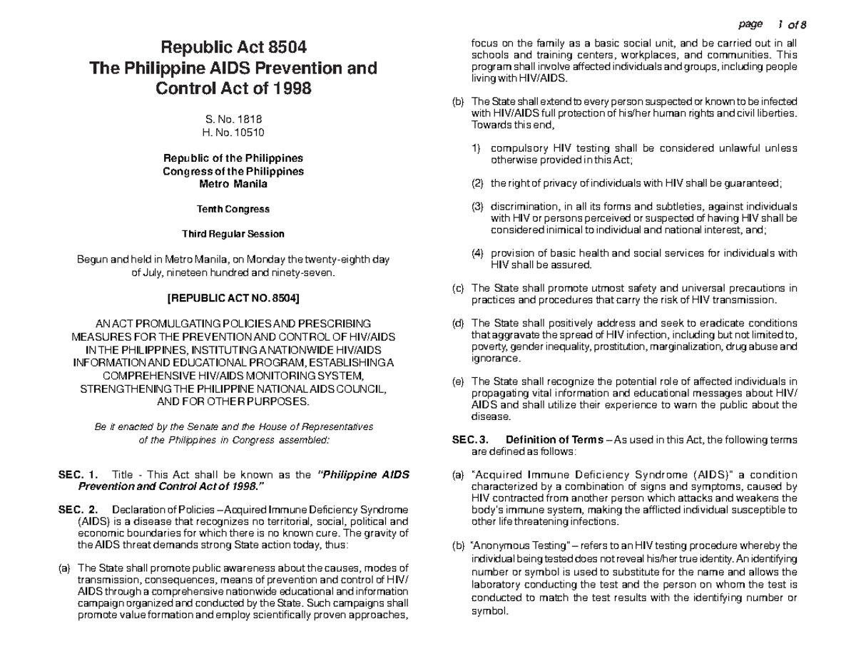 Ra 8504 philippines aids prevention and control act 1998 10th congress ...