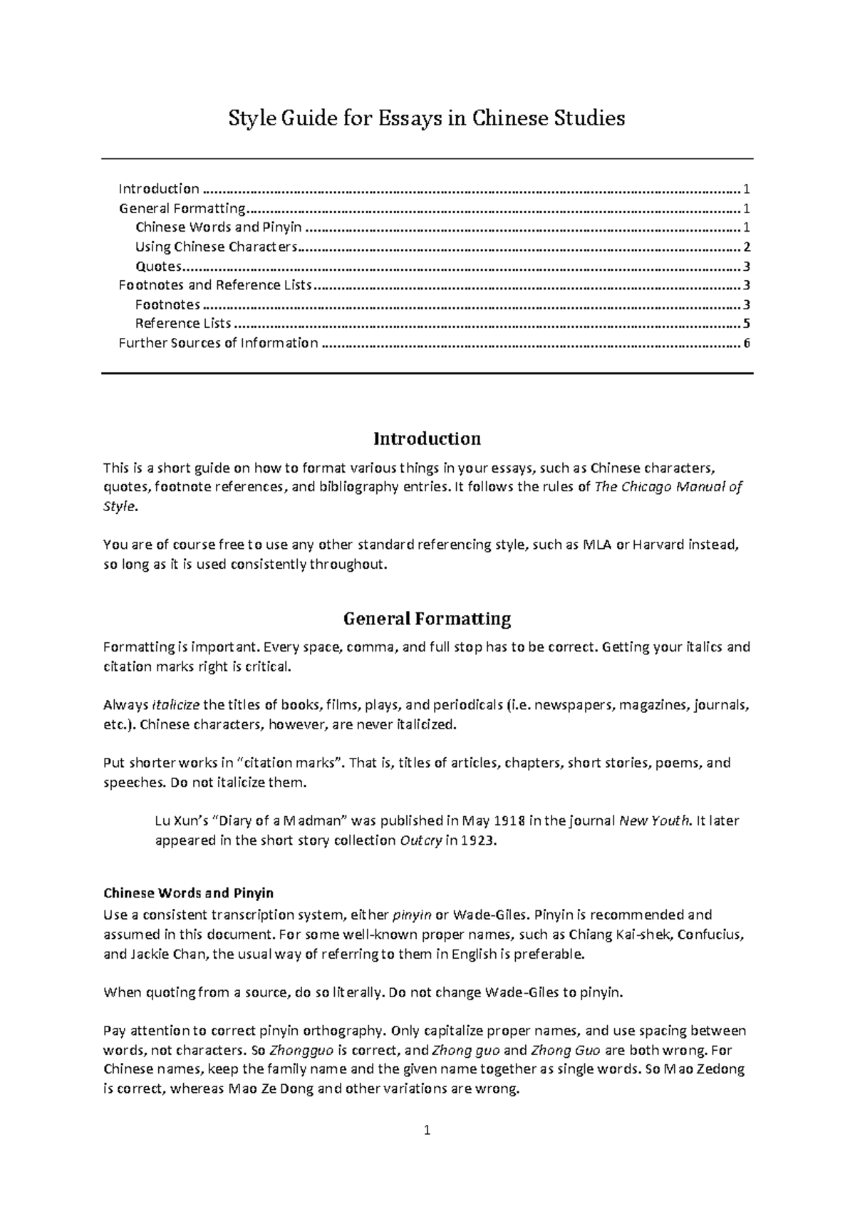 01. Style Guide for Essays in Chinese Studies - Style Guide for Essays ...