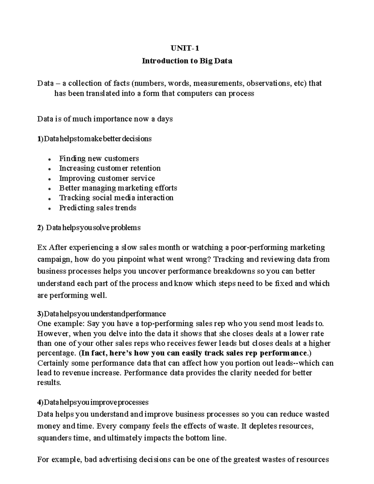 BIG DATA Unit 1 - UNIT- Introduction to Big Data Data – a collection of ...