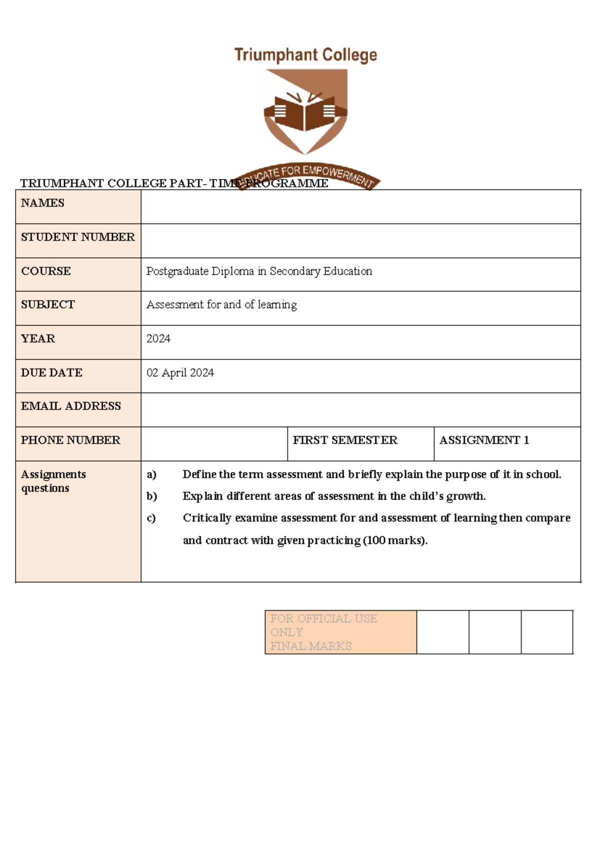 triumphant college assignment cover page pdf download