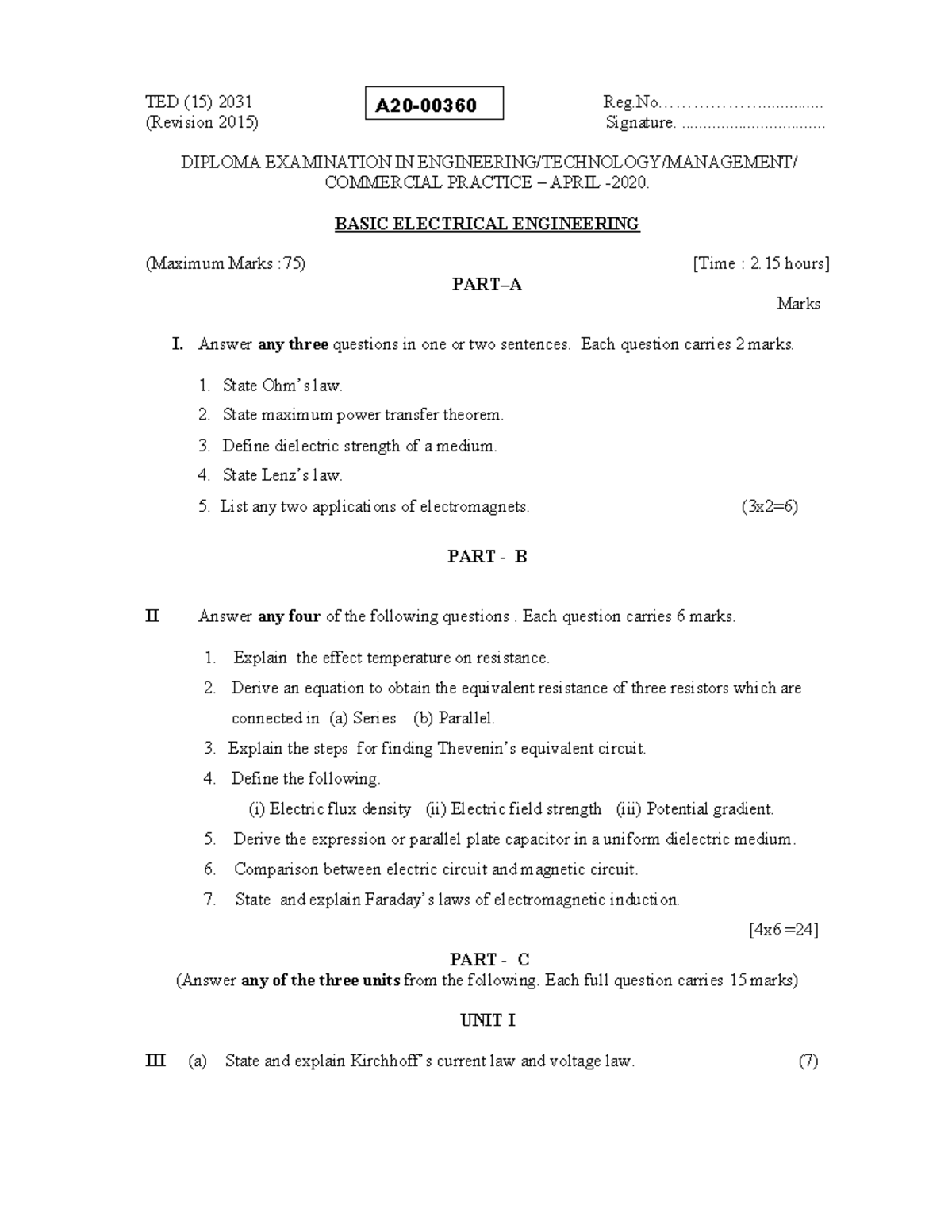 Basic Electrical Engg A20 R15 2031 TED (15) 2031 Reg