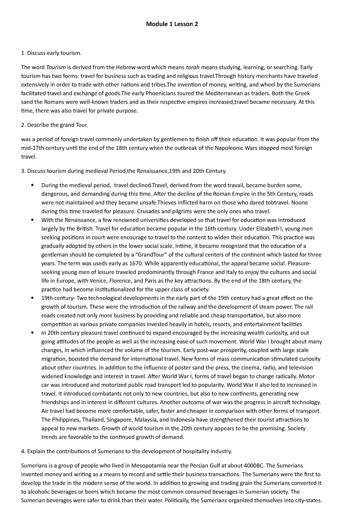 Module 1-lesson-2 - Hospitality Management Lesson - Module 1 Lesson 2 ...