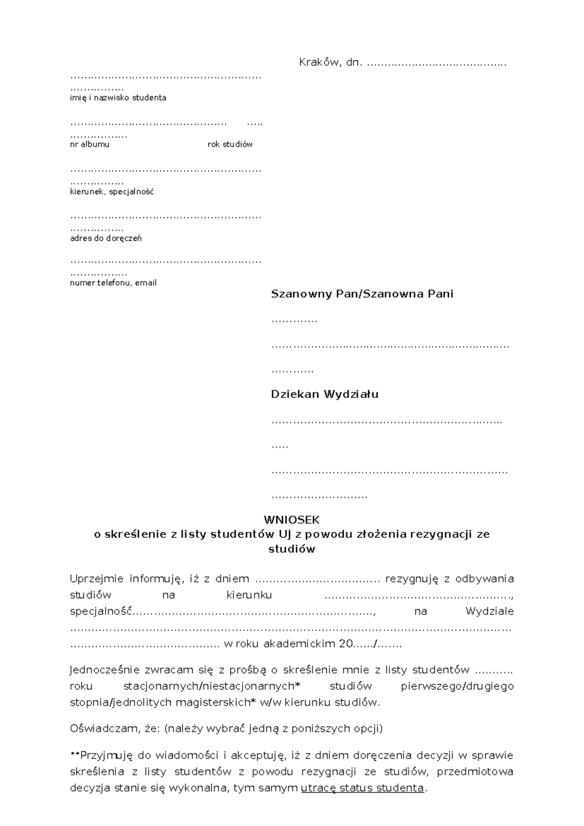 Wniosek rezygnacja.ze.studiow - Kraków, dn