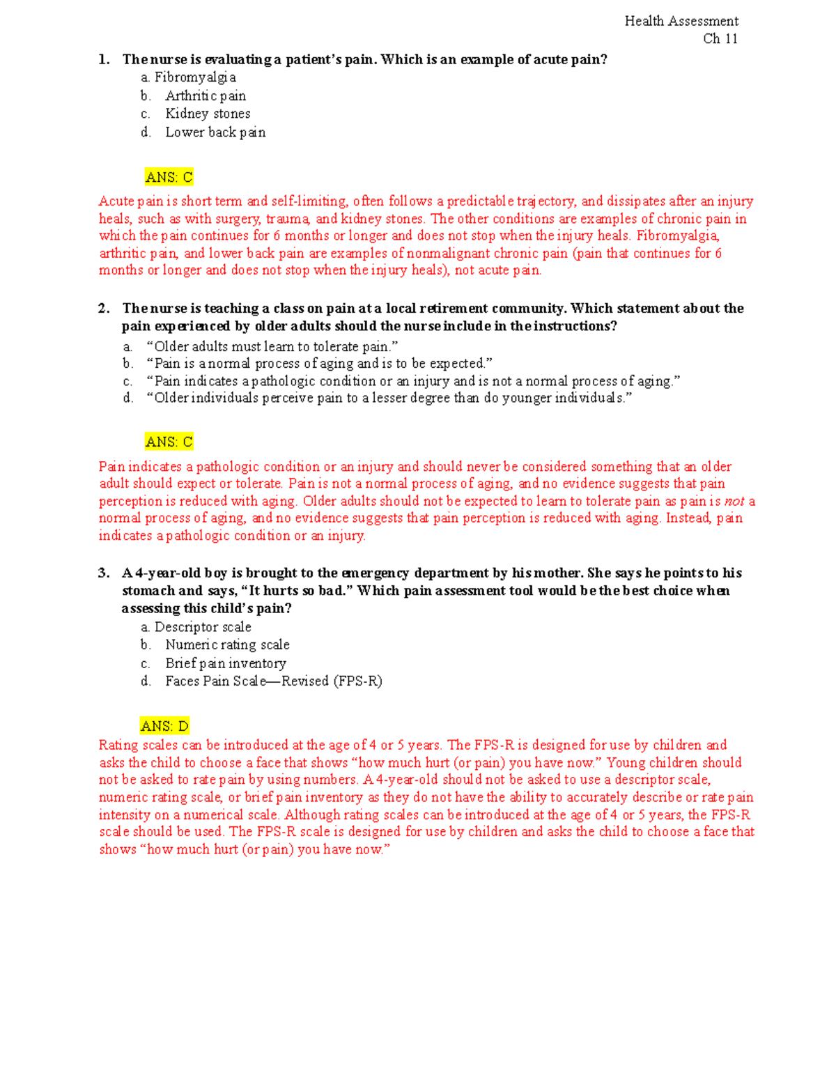 Health Assessment Ch 11 Pain Assessment Quiz - Studocu