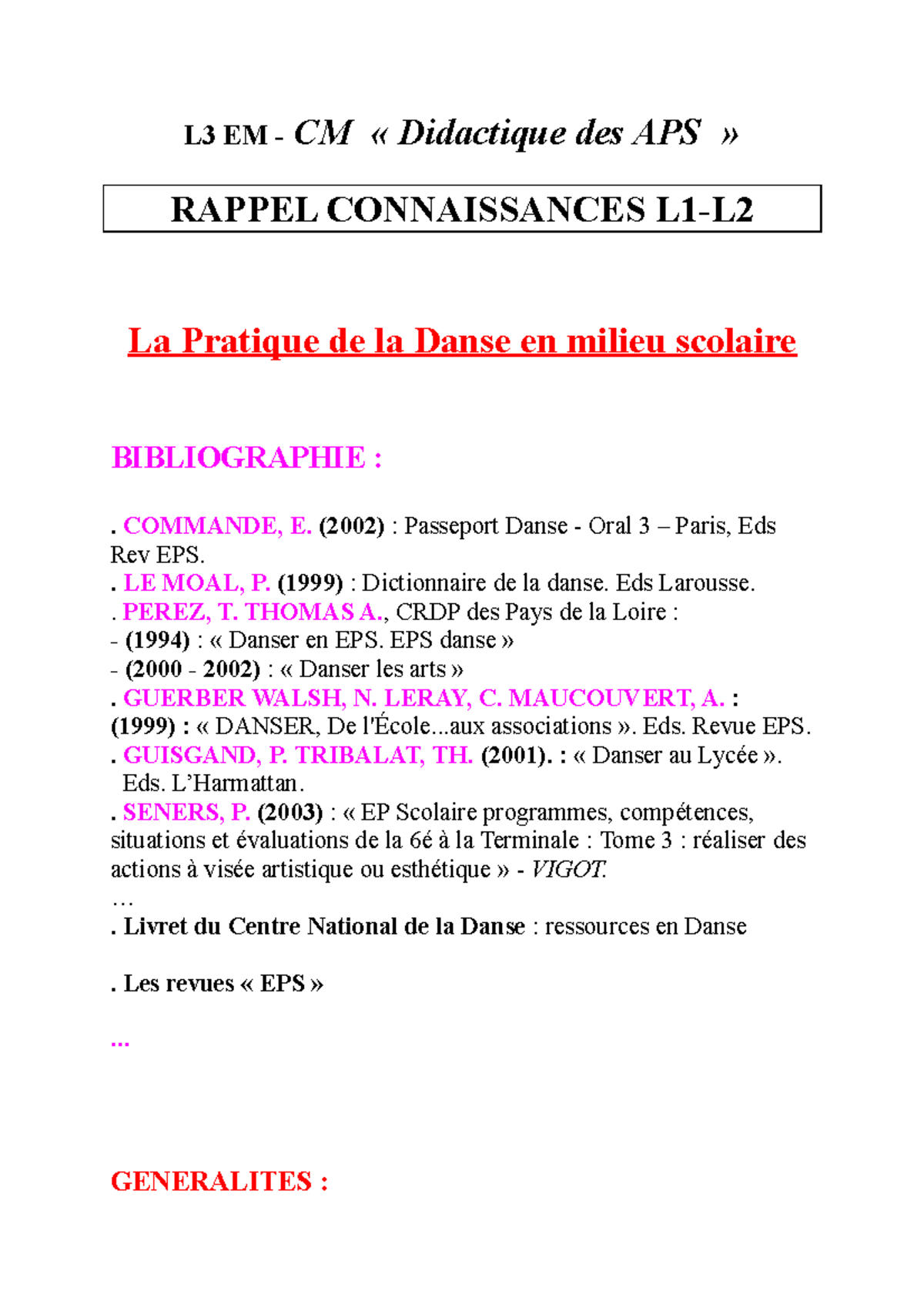 Rappel Cours Polys L1 L2 - L3 EM CM Didactique Des APS RAPPEL ...