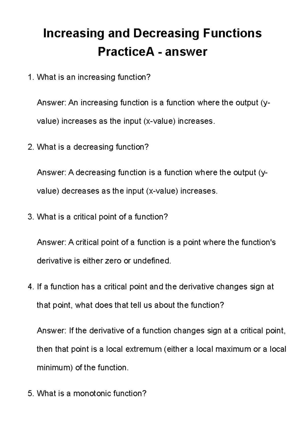 Increasing and Decreasing Functions Practice A - answer - Increasing ...