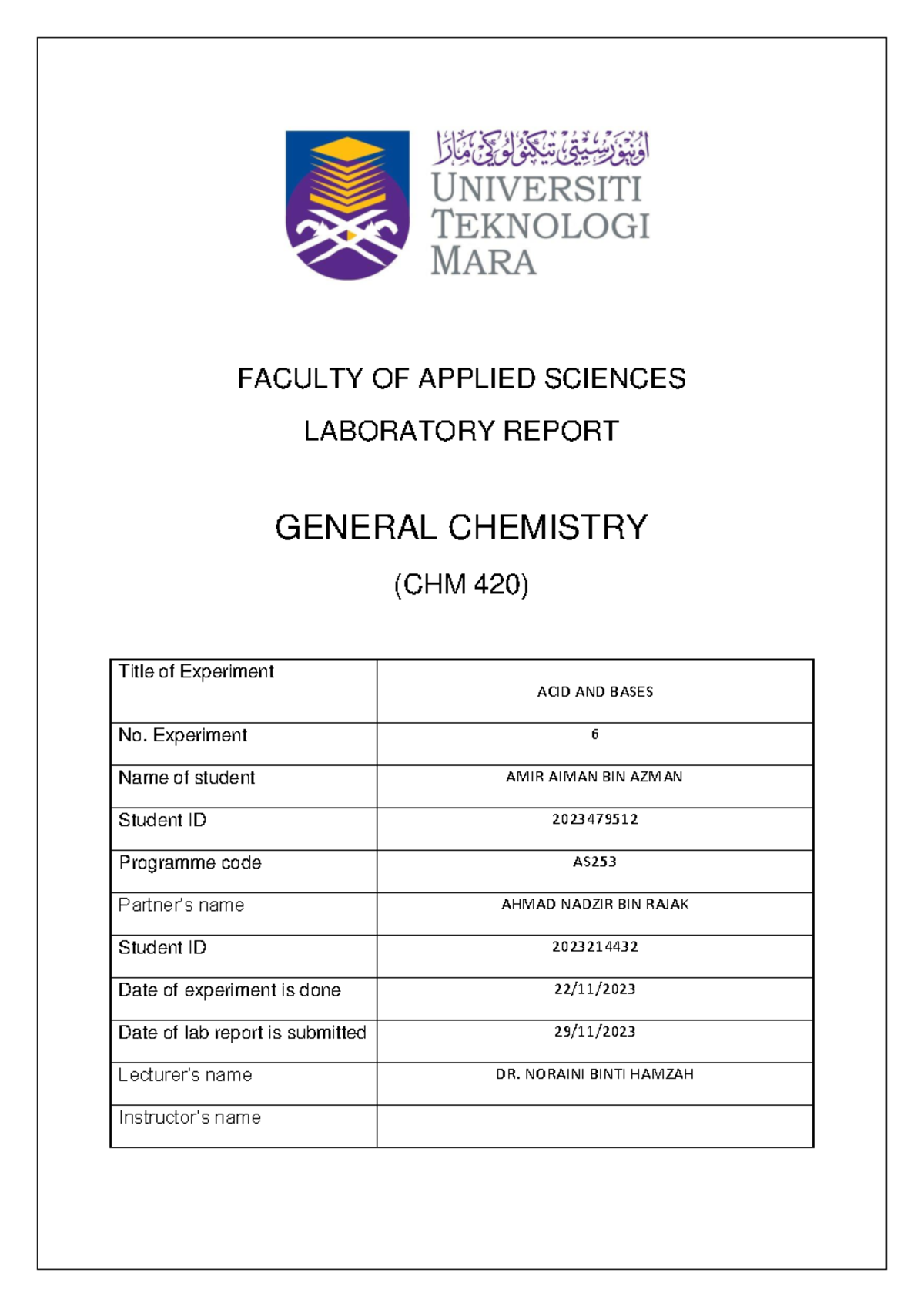 CHM420 LAB Report Experiment 6 - Chemical Reactions - Organic Chemistry ...